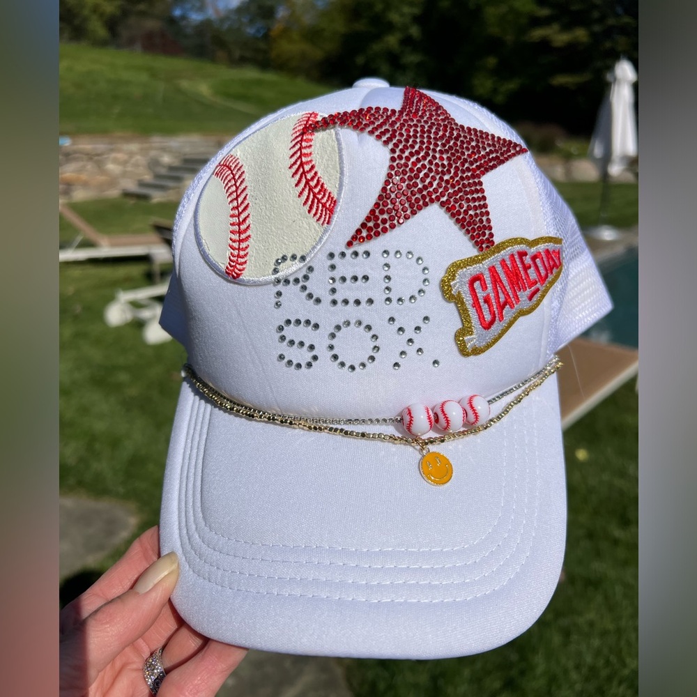 A whimsical Red Sox Trucker hat. One size fits all Adult cap with adjust strap